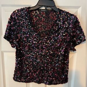 Vera Mont Black and Purple Sequin Short Sleeve Top